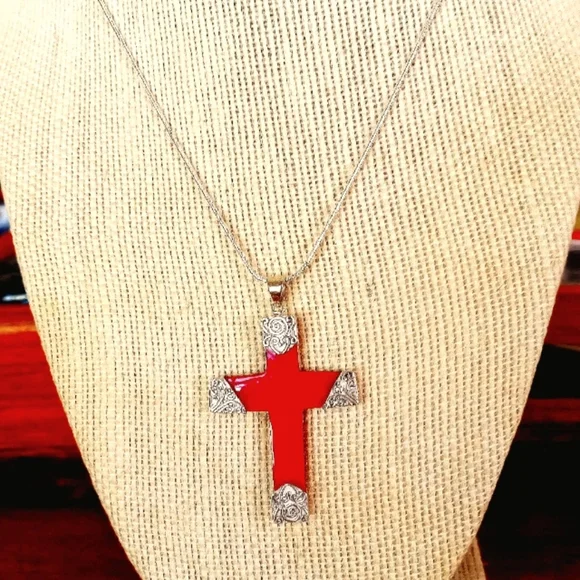 🔥Sterling Silver Red Coral Cross Necklace 18 Inches ~ Handmade - Picture 2 of 5